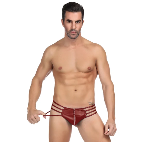 Tres colores en stock, venta al por mayor, ropa interior de cuero sexy negra para hombres, suspensorio